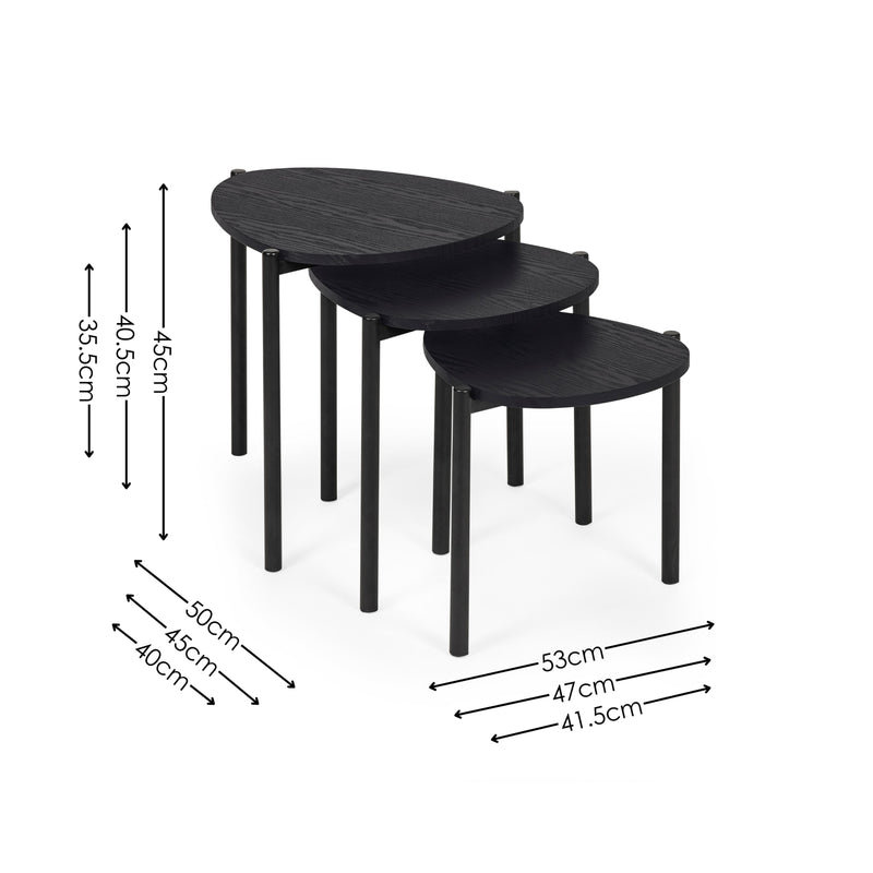 Set of three black nesting tables with dimensions on a white background