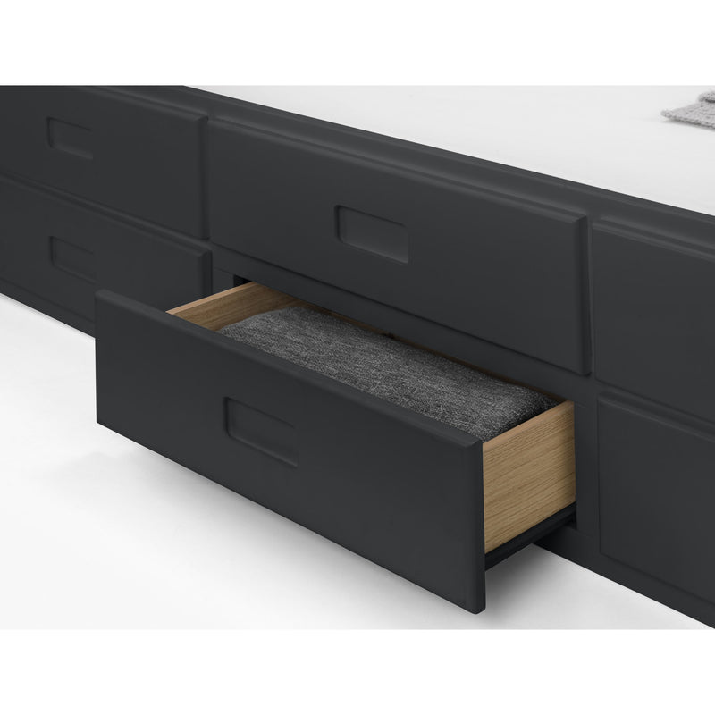 Black dresser with an open drawer revealing a wooden bottom.