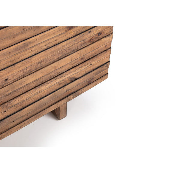 Wooden sideboard with slatted design on a white background