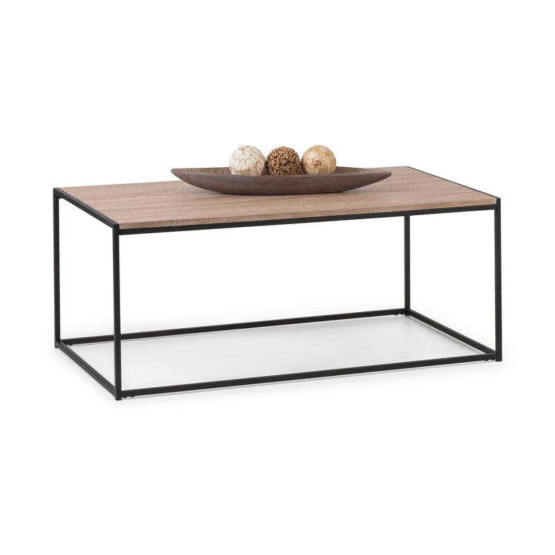 Coffee table with wooden top and metal frame on a white background