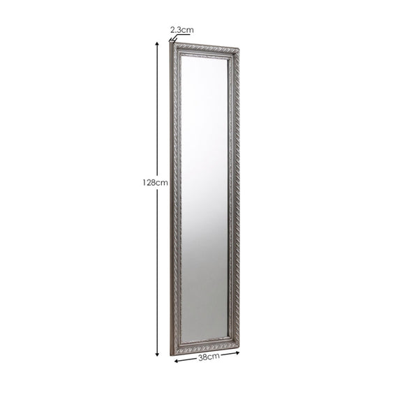 Silver framed mirror with dimensions on a white background