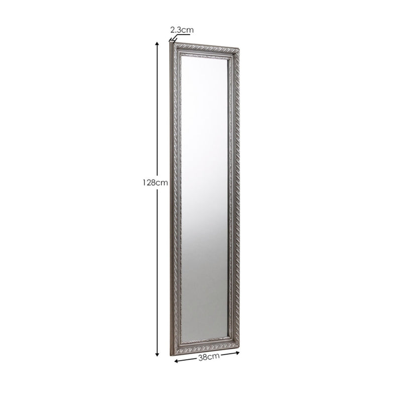 Silver framed mirror with dimensions on a white background