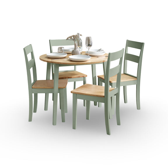 Dining set with a round wooden table and four matching chairs on a white background