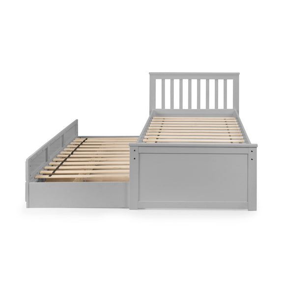 Gray bed frame with wooden slats on a white background
