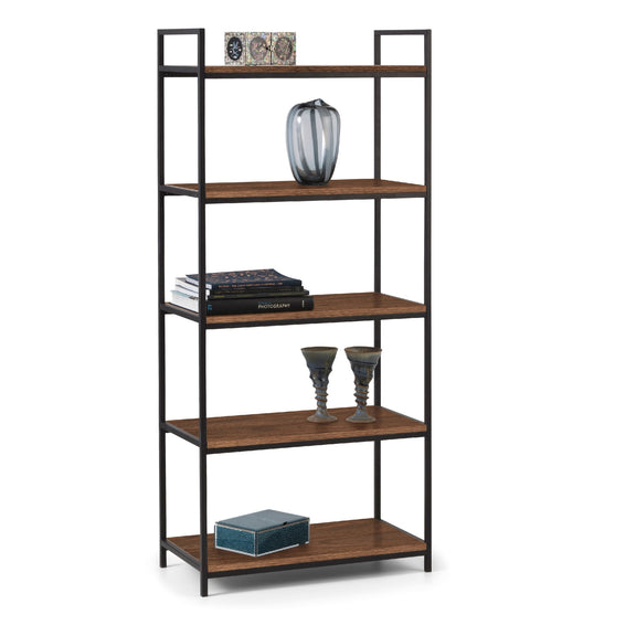 Wooden bookshelf with metal legs on a white background