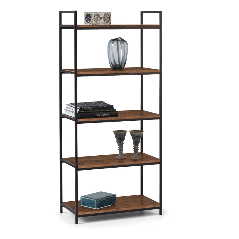 Wooden bookshelf with metal legs on a white background