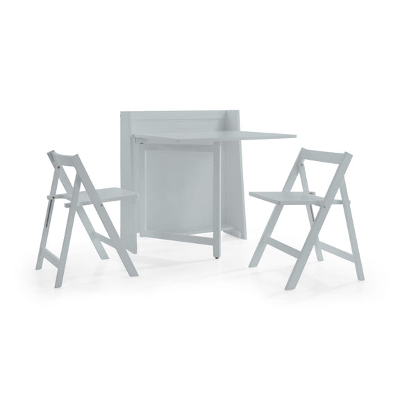 Light gray table with two matching chairs on a white background