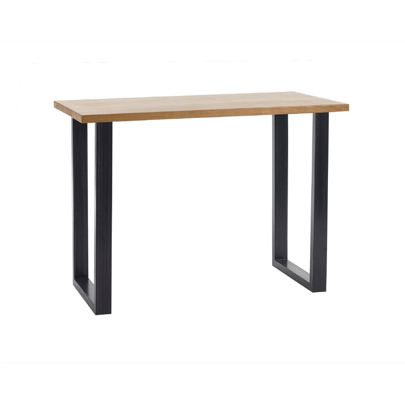 Table with wooden top and black metal legs on a white background