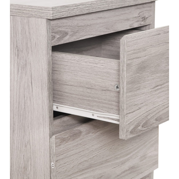 Wooden drawer unit with a partially open drawer on a white background