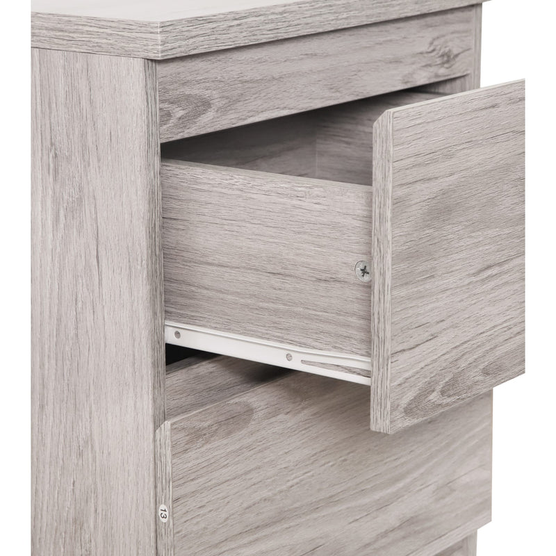 Wooden drawer unit with a partially open drawer on a white background