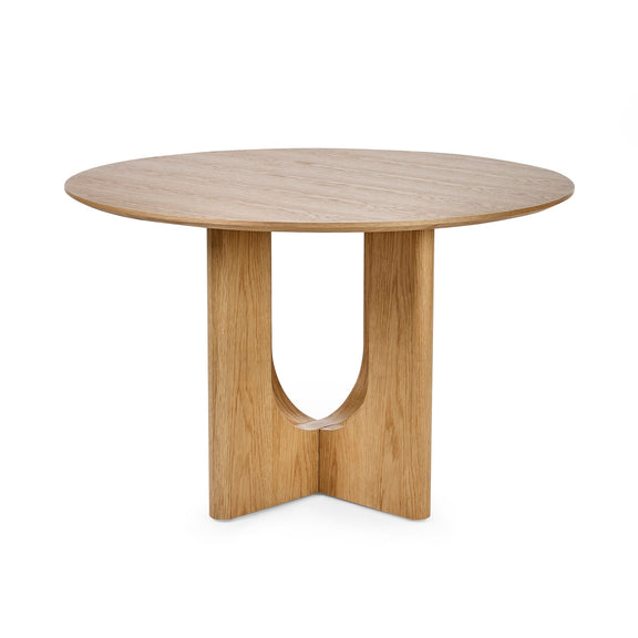 Wooden round table with a unique base design on a white background