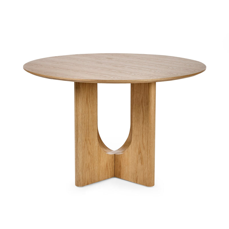 Wooden round table with a unique base design on a white background