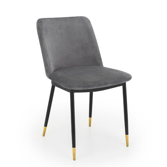 Gray chair with black legs and gold footrests on a white background