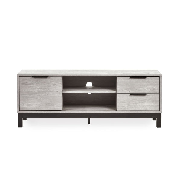 Modern TV stand with wooden finish and metal legs on a white background