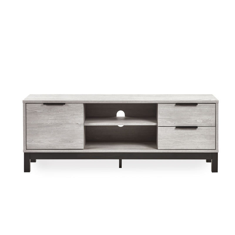 Modern TV stand with wooden finish and metal legs on a white background