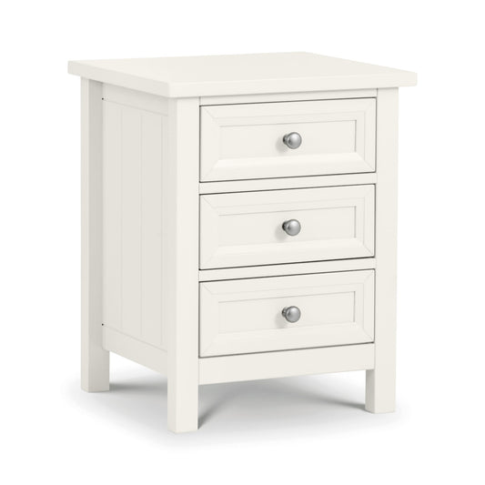 White nightstand with three drawers on a white background