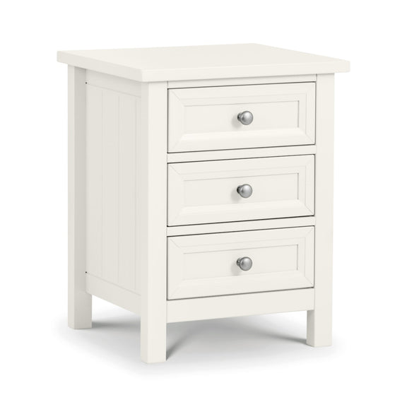 White nightstand with three drawers on a white background