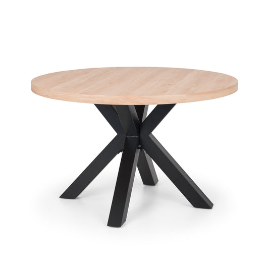 Round wooden table with black metal legs on a white background