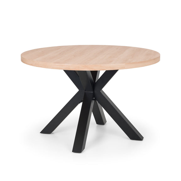 Round wooden table with black metal legs on a white background