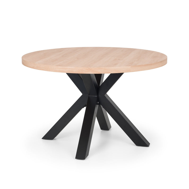 Round wooden table with black metal legs on a white background