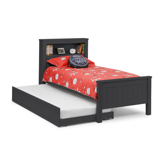 Black bed frame with red bedding on a white background