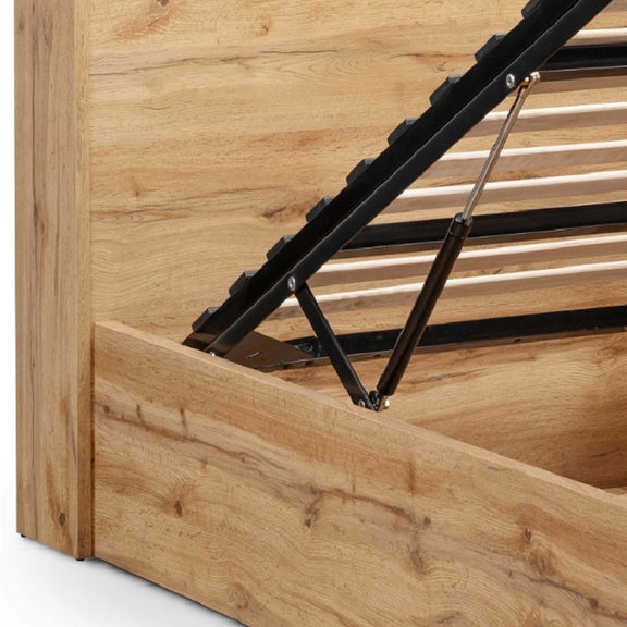 Wooden bed frame with black metal support structure