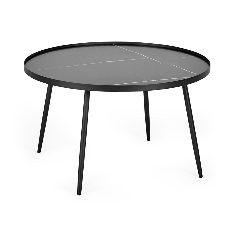 Round black coffee table with a gray top on a white background