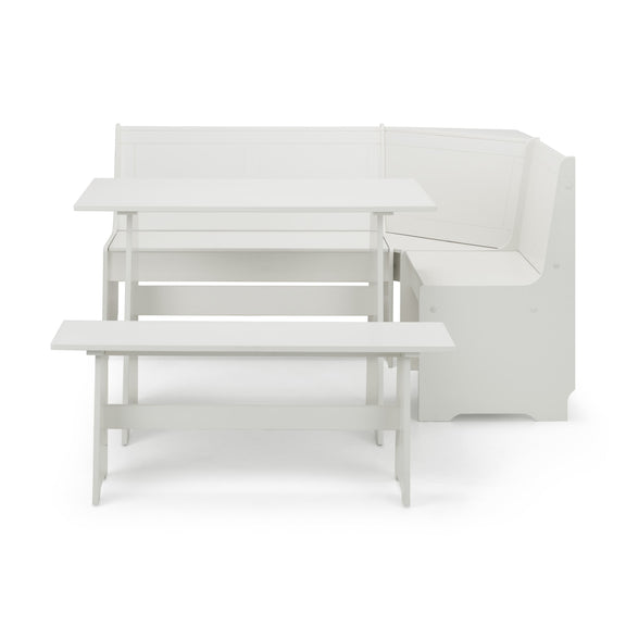 White modular dining set with bench and table on a white background