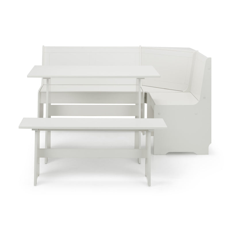 White modular dining set with bench and table on a white background