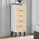 Tall white cabinet with wooden drawers against a gray wall.