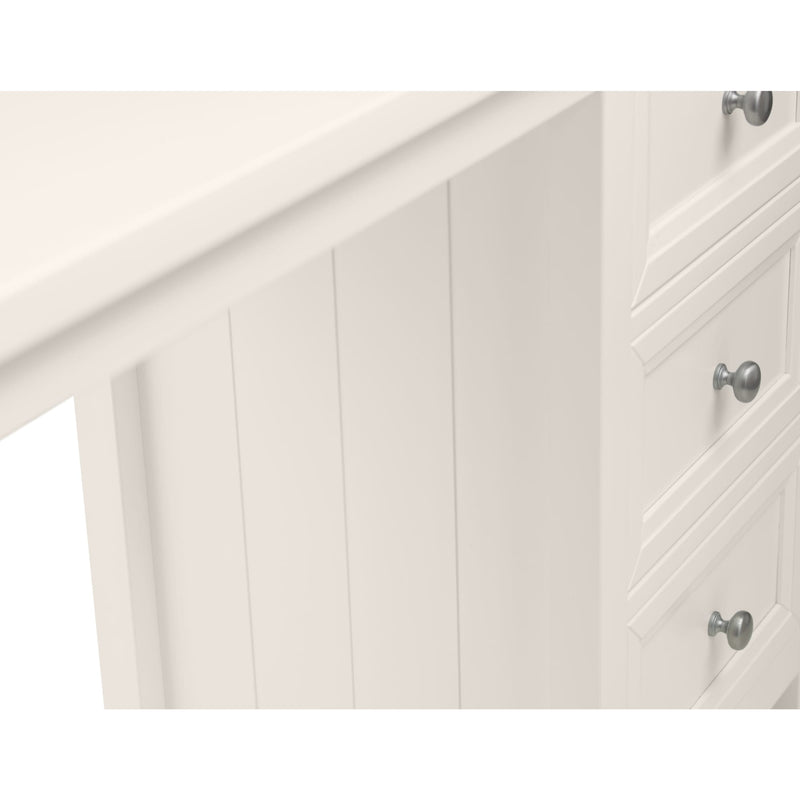 Close-up of a white cabinet with a door handle on a white background