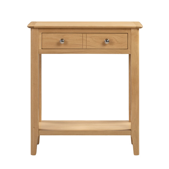 Wooden console table with two drawers on a white background