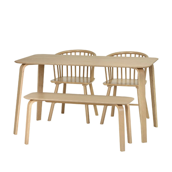Beige wooden dining set with table, chairs, and bench on a white background