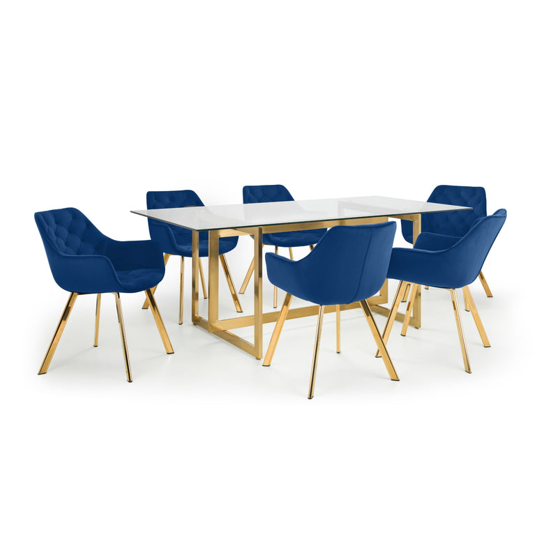 Dining table with six blue chairs on a white background