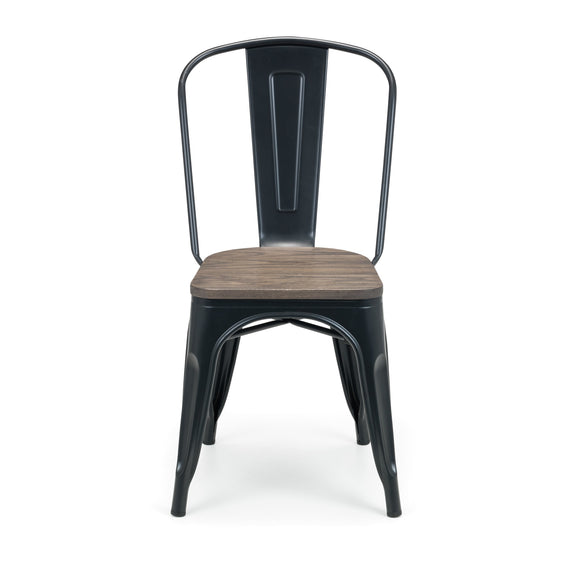 Black metal chair with wooden seat on a white background
