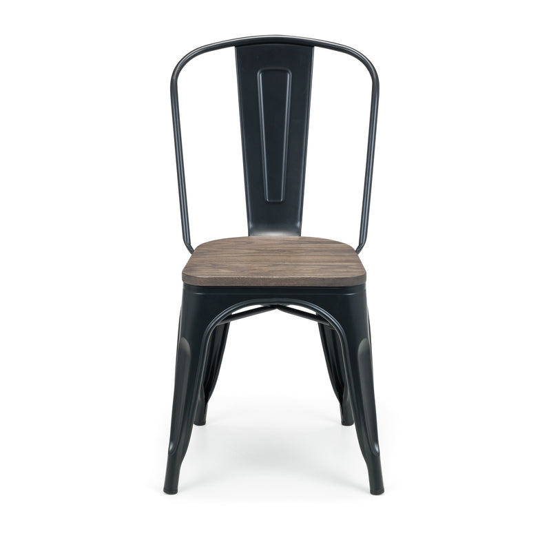 Black metal chair with wooden seat on a white background