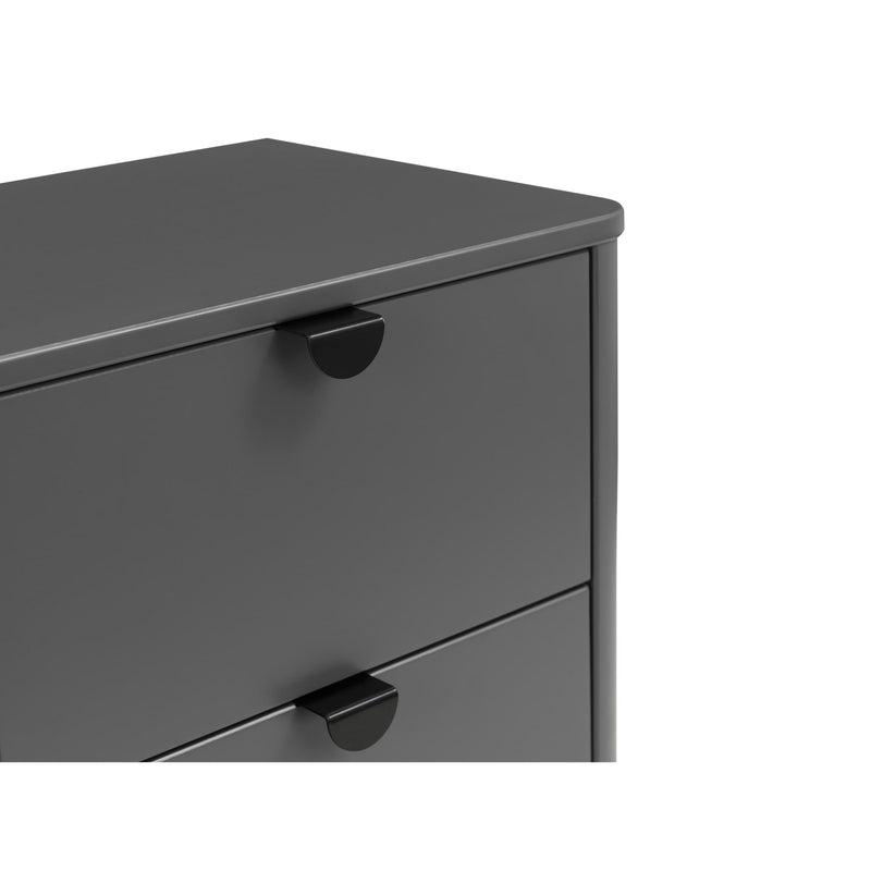 Gray metal drawer unit with two drawers on a white background