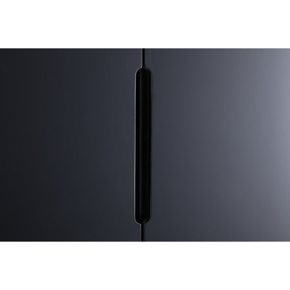 Close-up of a black cabinet with a handle on a white background