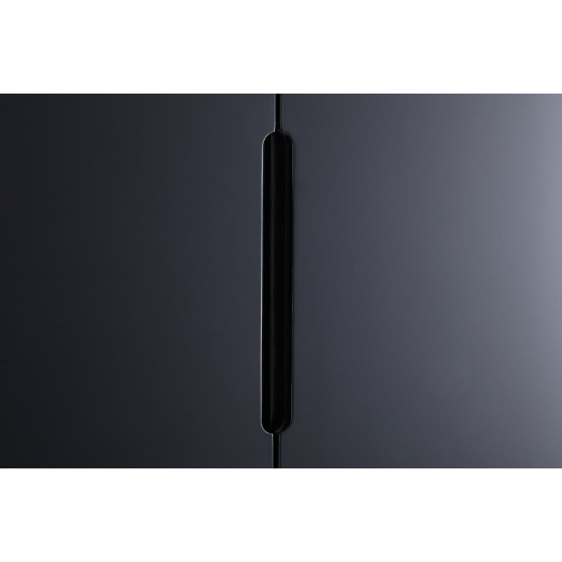 Close-up of a black cabinet with a handle on a white background