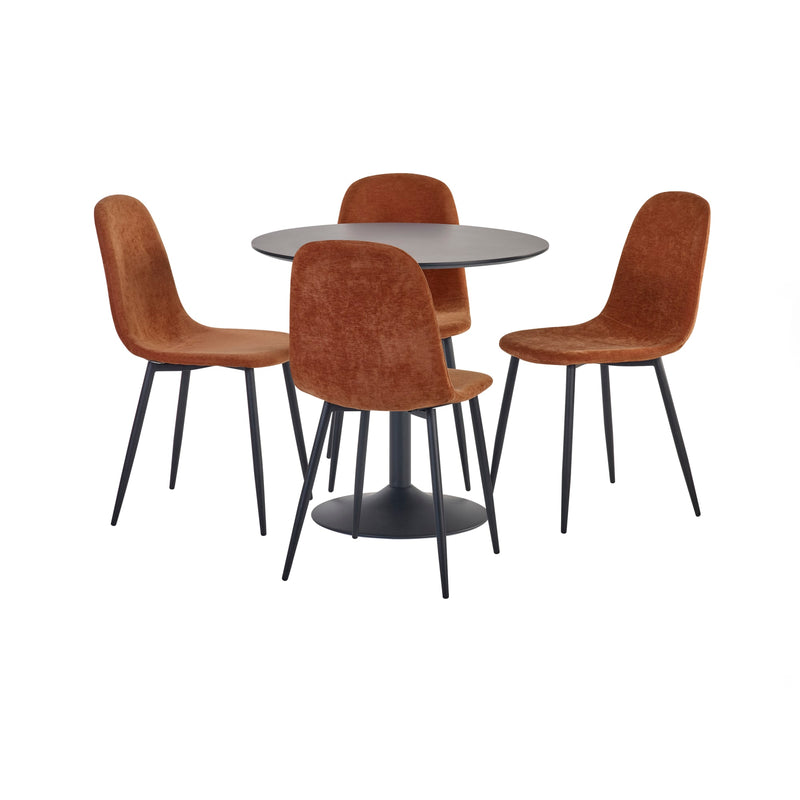Dining table set with four brown chairs on a white background