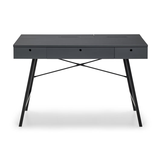 Gray desk with black metal legs on a white background