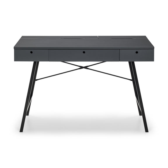 Gray desk with black metal legs on a white background