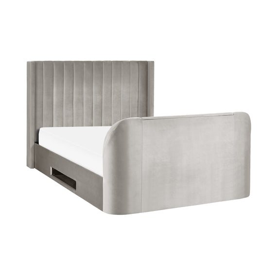 Gray upholstered bed with white mattress on a white background