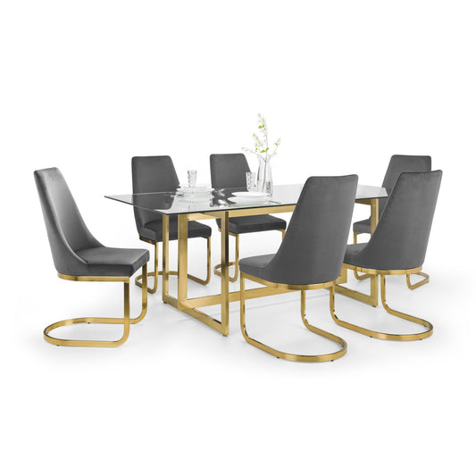 Dining set with glass table and gray chairs on a white background