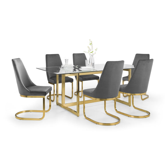 Dining set with glass table and gray chairs on a white background