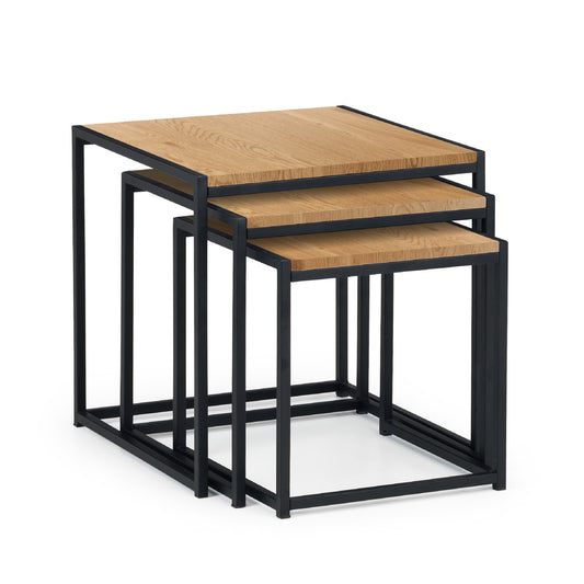 Set of two nesting tables with wooden tops and black metal frames on a white background