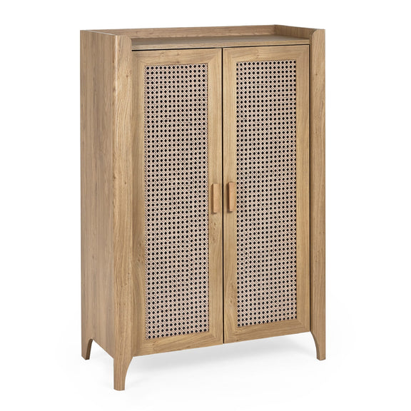 Wooden cabinet with wicker doors on a white background