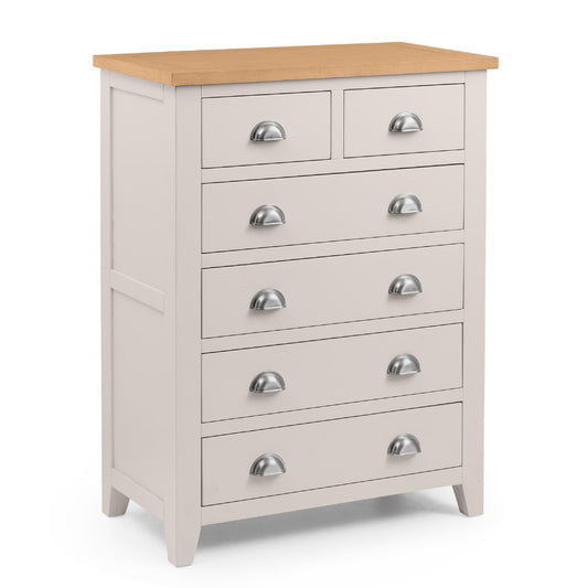 White dresser with five drawers and a wooden top on a white background