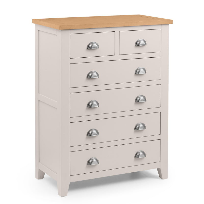 White dresser with five drawers and a wooden top on a white background