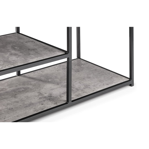 Modern metal bed frame with concrete-textured platform on a white background